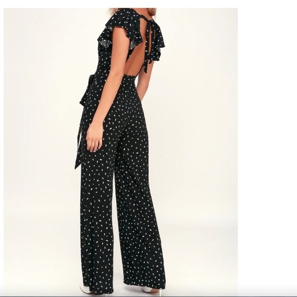 Lulus Wide leg Jumpsuit Black White Fine Print Open Back Ruffle Shoulder S - Picture 4 of 16